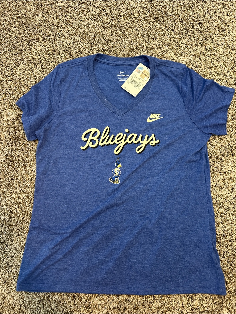Nike Womens Creighton Bluejays V-Neck Tee with Cream Script